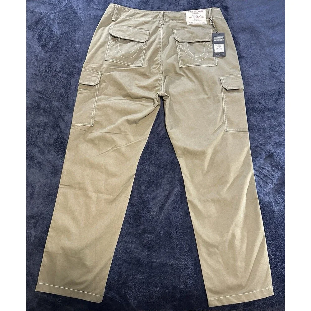 True Religion Cargo Pants Men 38x33 Kalamata Green White Stitch Straight Leg